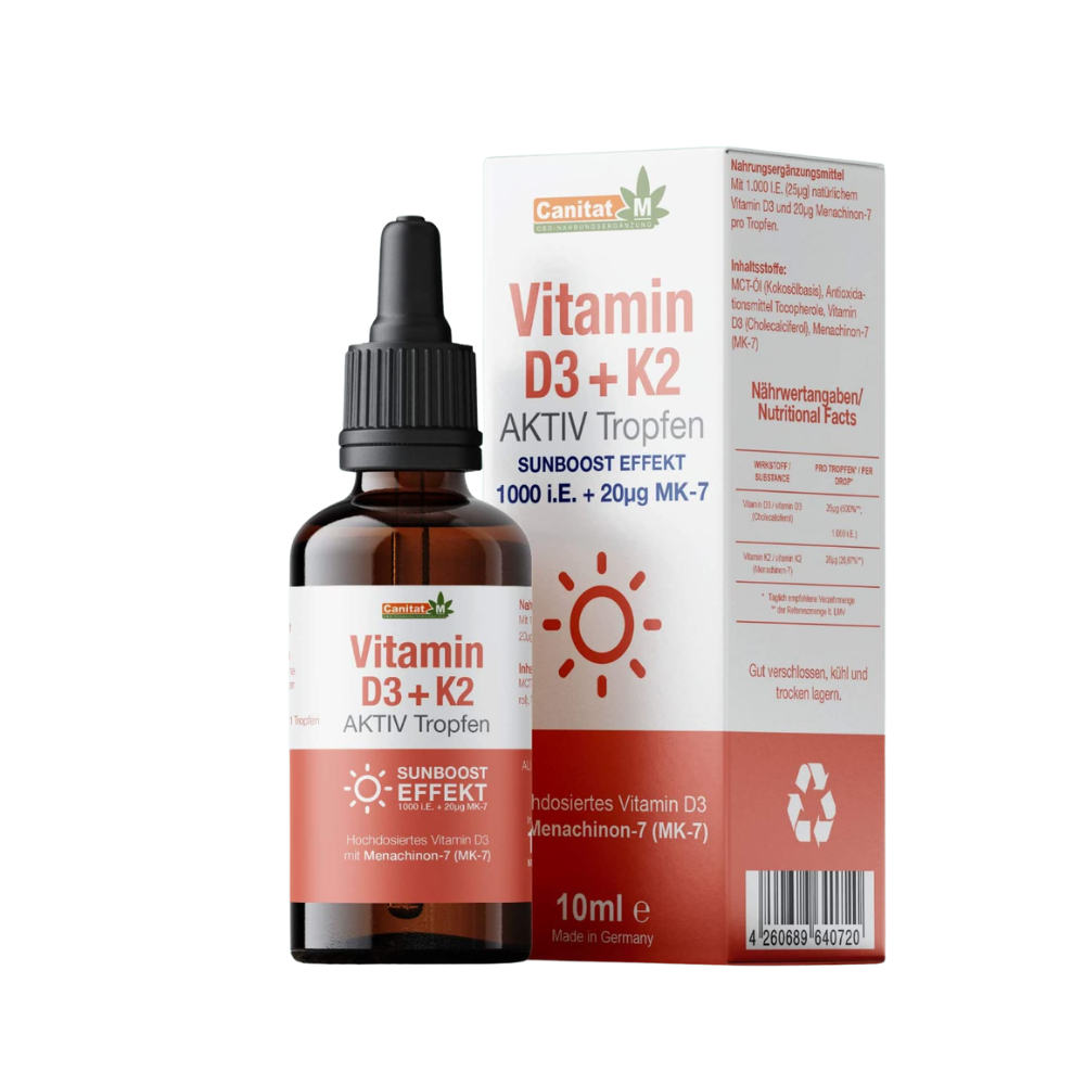 Vitamin D3 + K2 Aktiv Tropfen – Sunboost Effekt – 1.000 I.E. – 10 ml | Canitat M®
