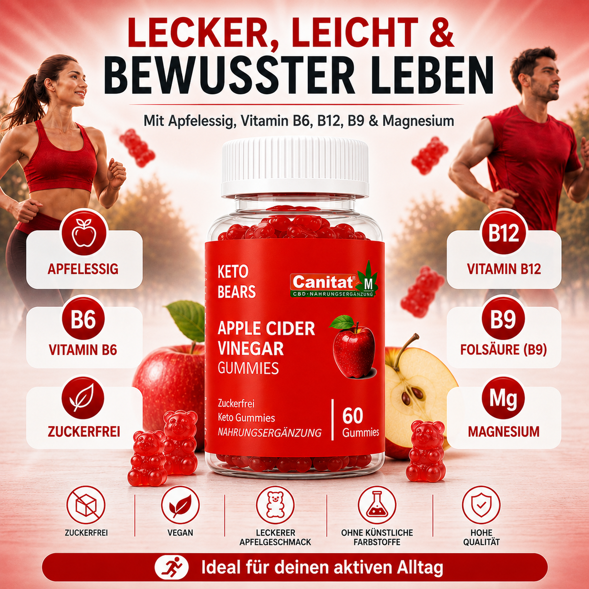 Apfelessig Gummies - mit Vitamin B12, B6, B9 & Magnesium - ohne Zucker
