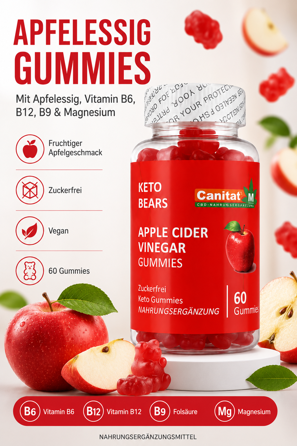 Apfelessig Gummies - mit Vitamin B12, B6, B9 & Magnesium - ohne Zucker