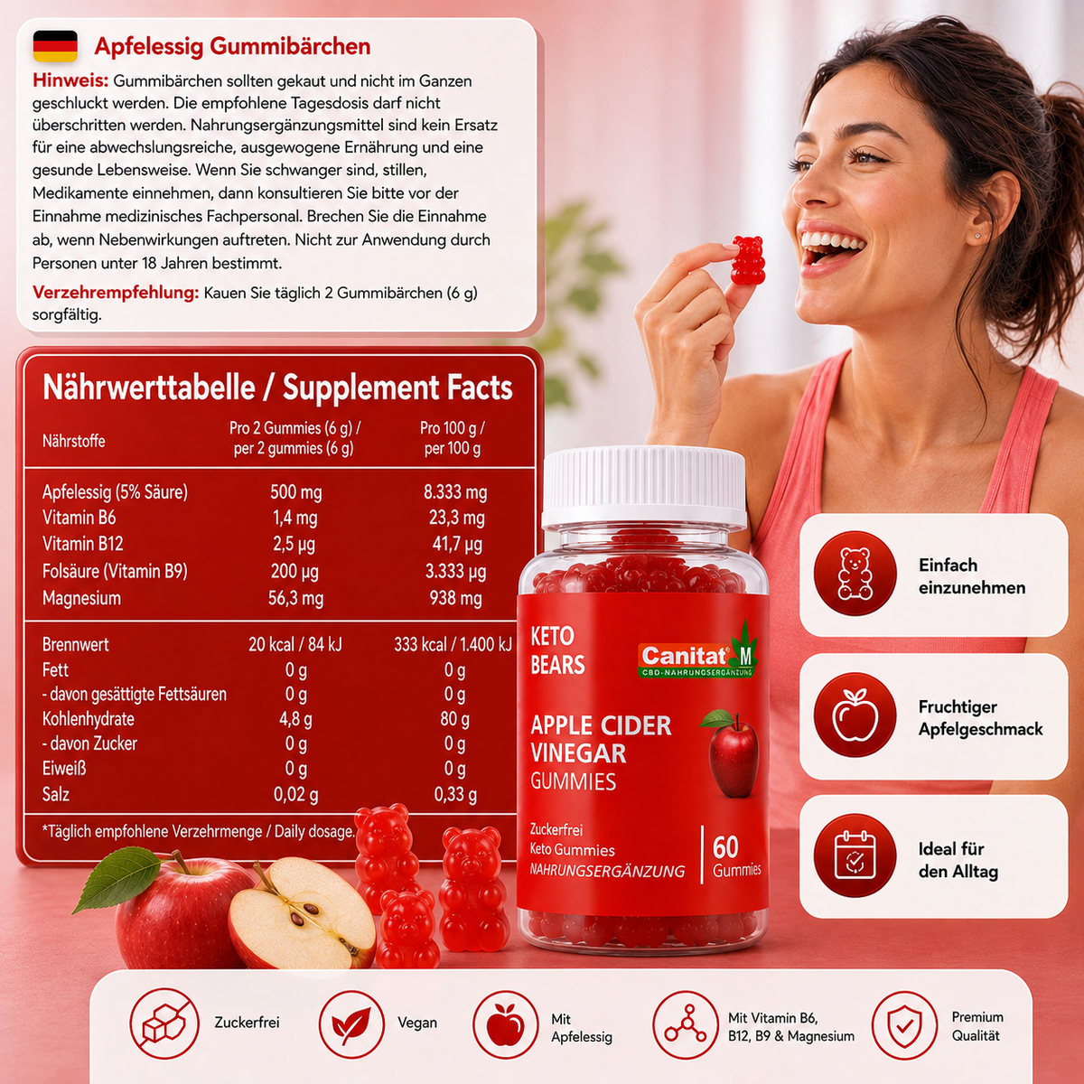 Apfelessig Gummies - mit Vitamin B12, B6, B9 & Magnesium - ohne Zucker