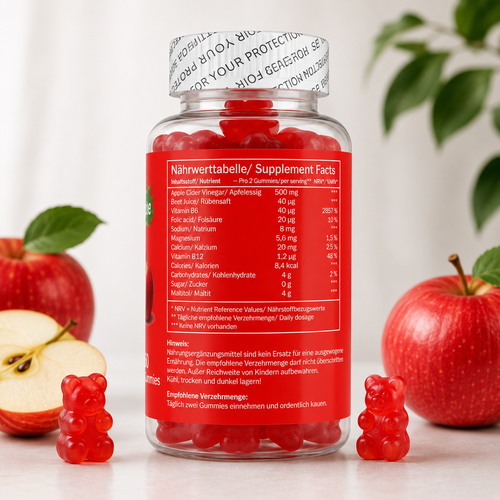 Apfelessig Gummies - mit Vitamin B12, B6, B9 & Magnesium - ohne Zucker
