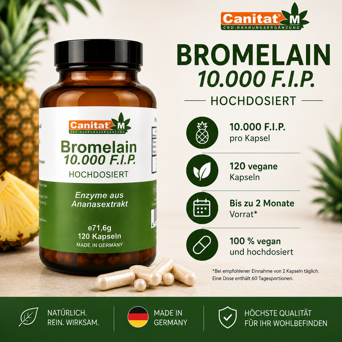 Bromelain 10.000 F.I.P. – Hochdosiertes Bromelain aus Ananas | 120 Kapseln | Canitat® M
