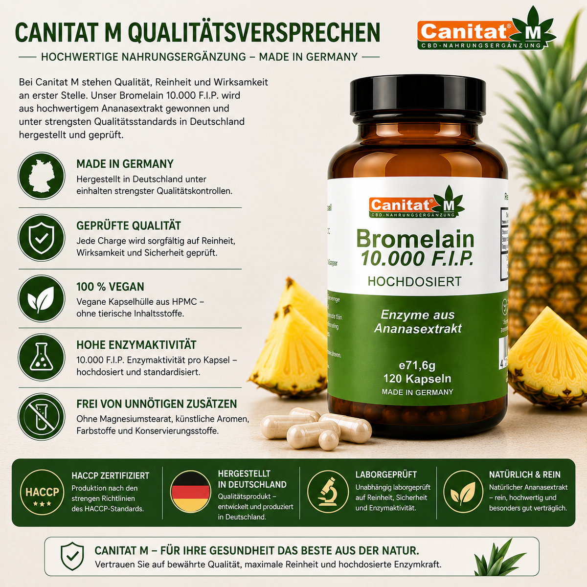 Bromelain 10.000 F.I.P. – Hochdosiertes Bromelain aus Ananas | 120 Kapseln | Canitat® M