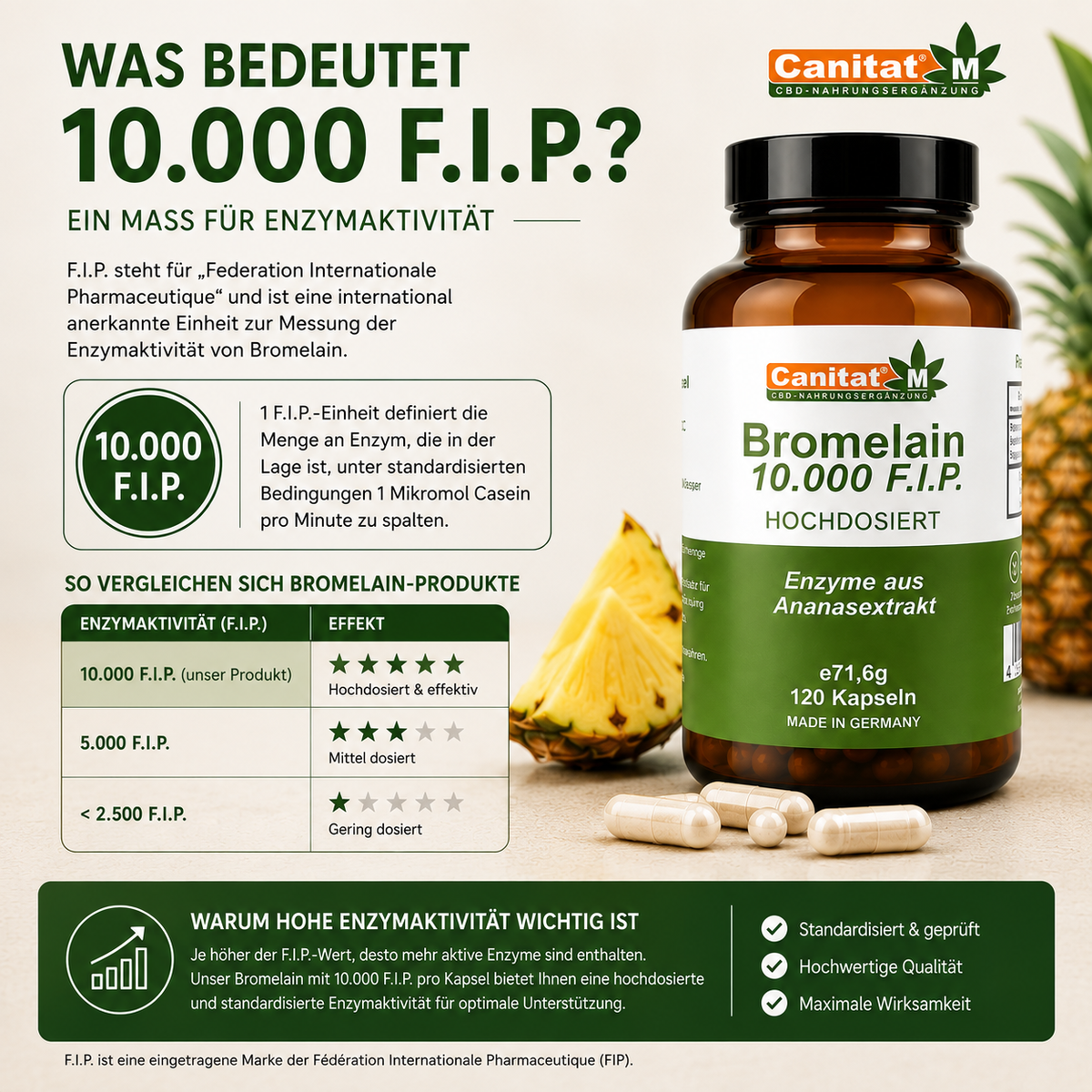 Bromelain 10.000 F.I.P. – Hochdosiertes Bromelain aus Ananas | 120 Kapseln | Canitat® M