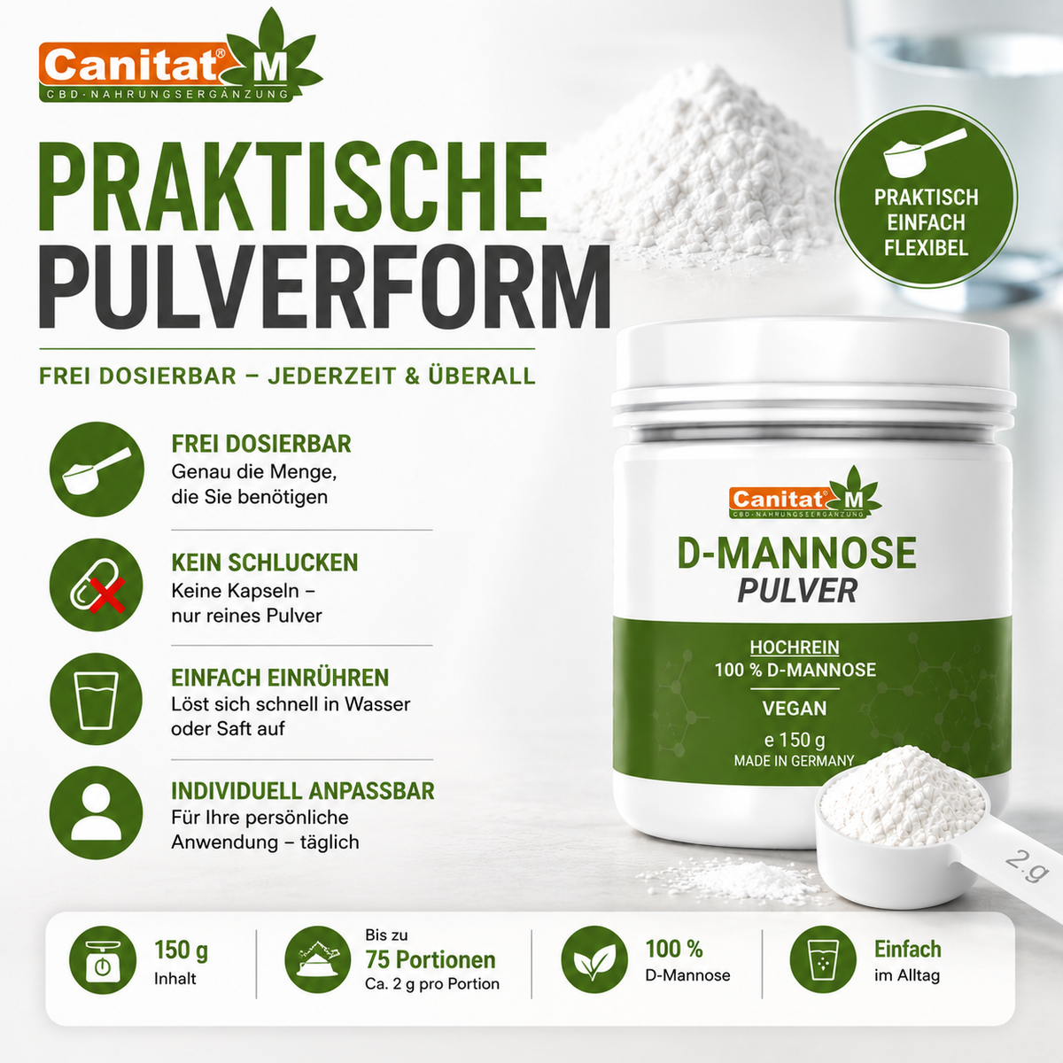 Canitat M | D-Mannose Pulver | 150g Hochreines veganes D-Mannose Pulver