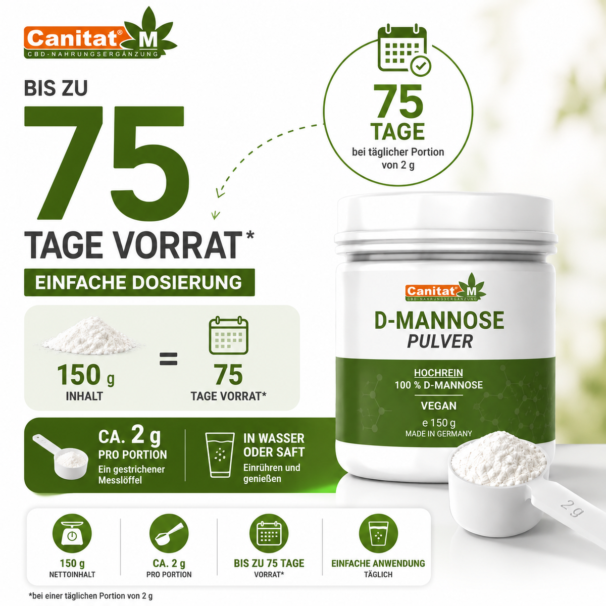 Canitat M | D-Mannose Pulver | 150g Hochreines veganes D-Mannose Pulver