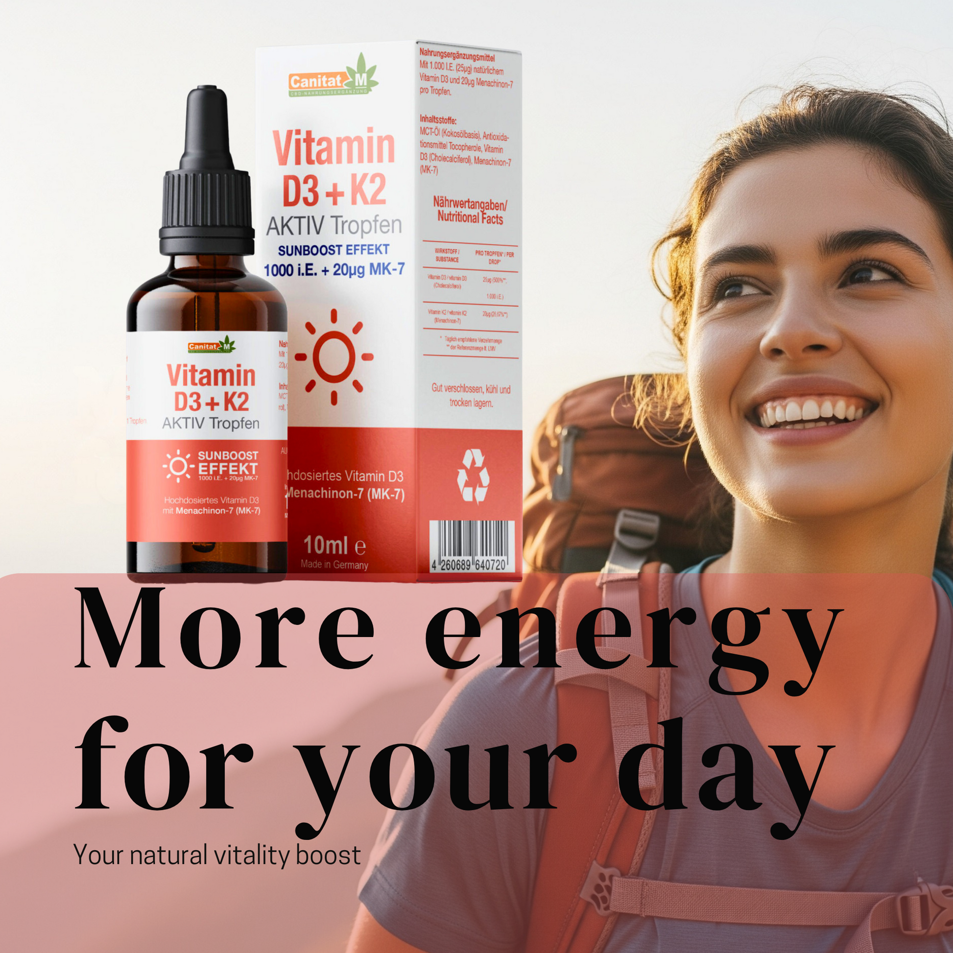 Vitamin D3 + K2 Aktiv Tropfen – Sunboost Effekt – 1.000 I.E. – 10 ml | Canitat M®