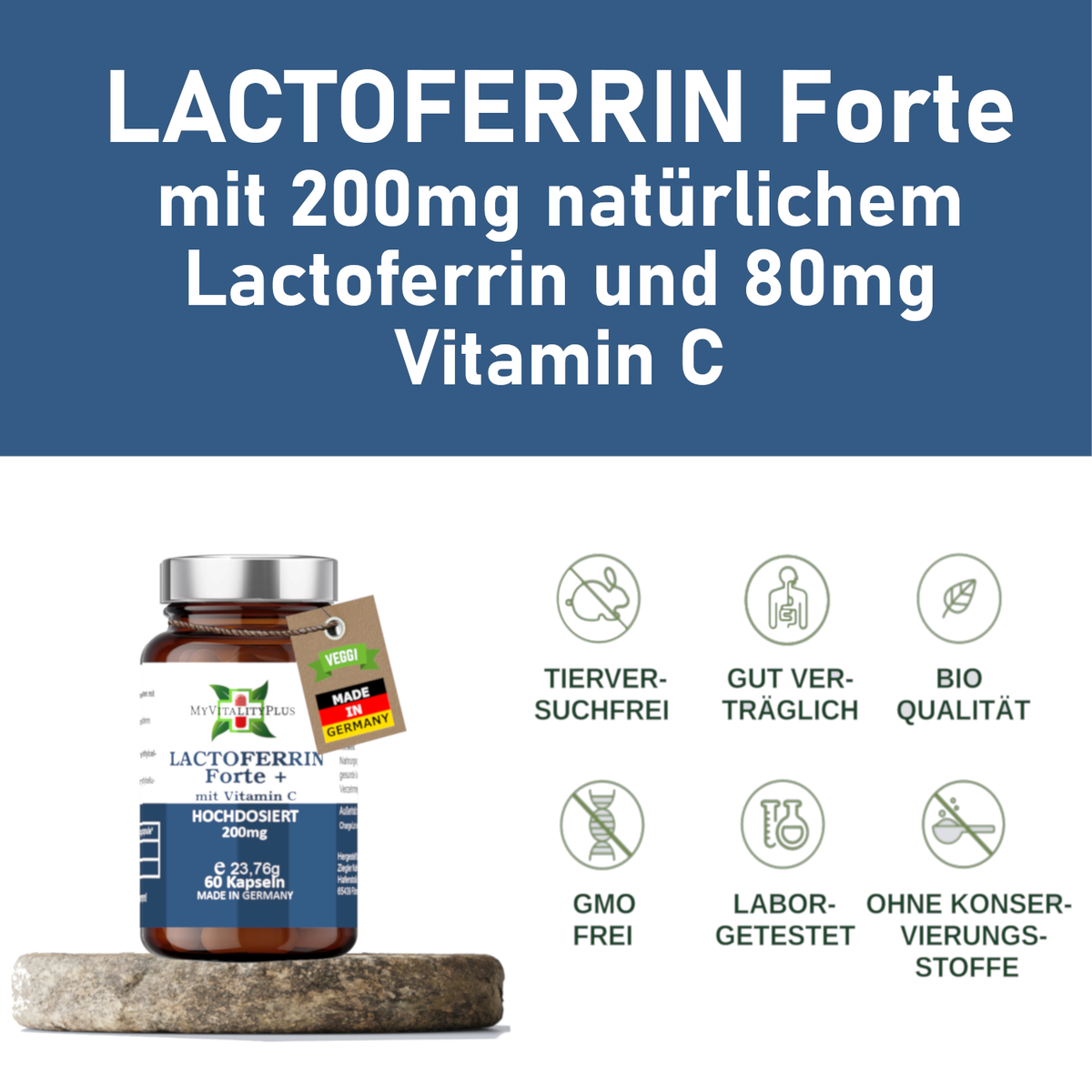 MyVitalityPlus Lactoferrin Forte+ | >97% reines natürliches Lactoferrin | 90 Kapseln