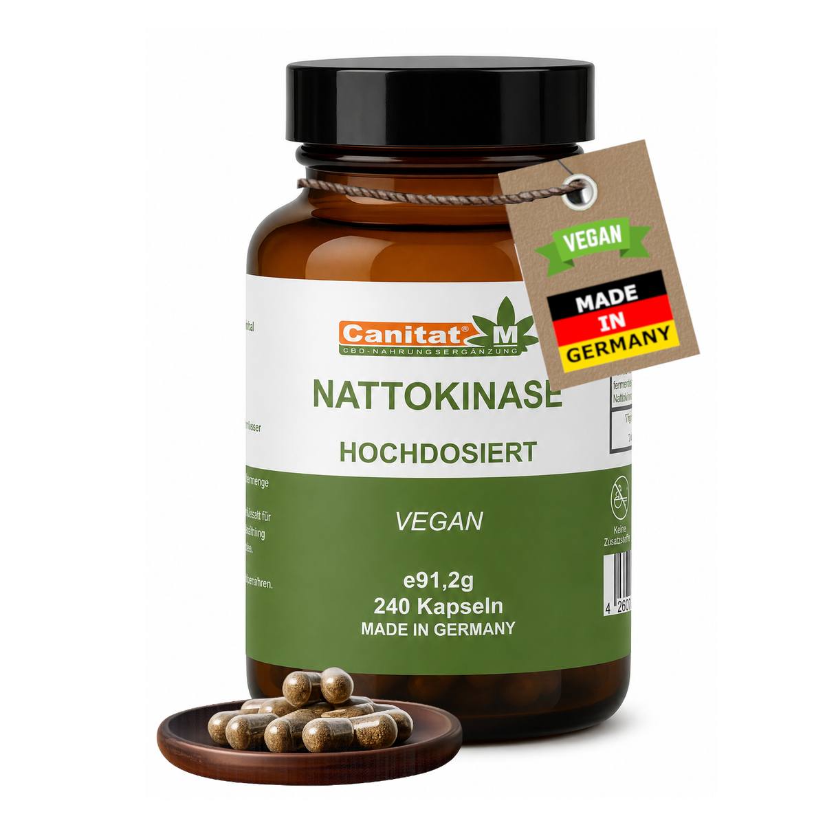 Nattokinase 20.000 FU/g – 2.000 FU pro Kapsel | 240 vegane Kapseln | 8 Monate Vorrat | Canitat® M