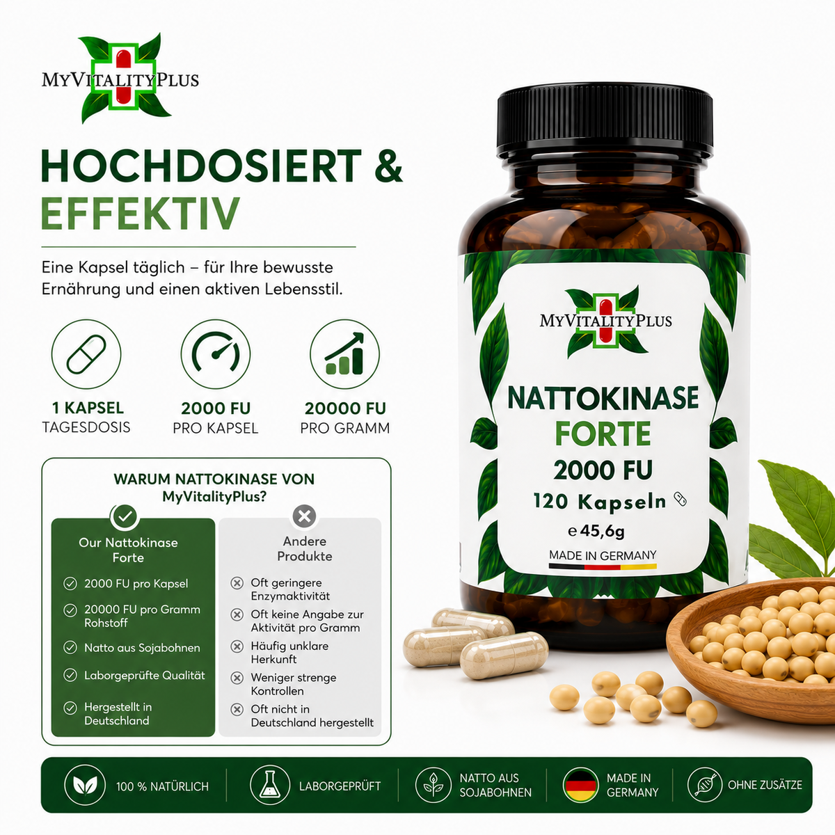 Nattokinase Forte 2.000FU | Enzymaktivität 20.000FU/g | Hochdosiert | 120 Kapseln | Myvitalityplus