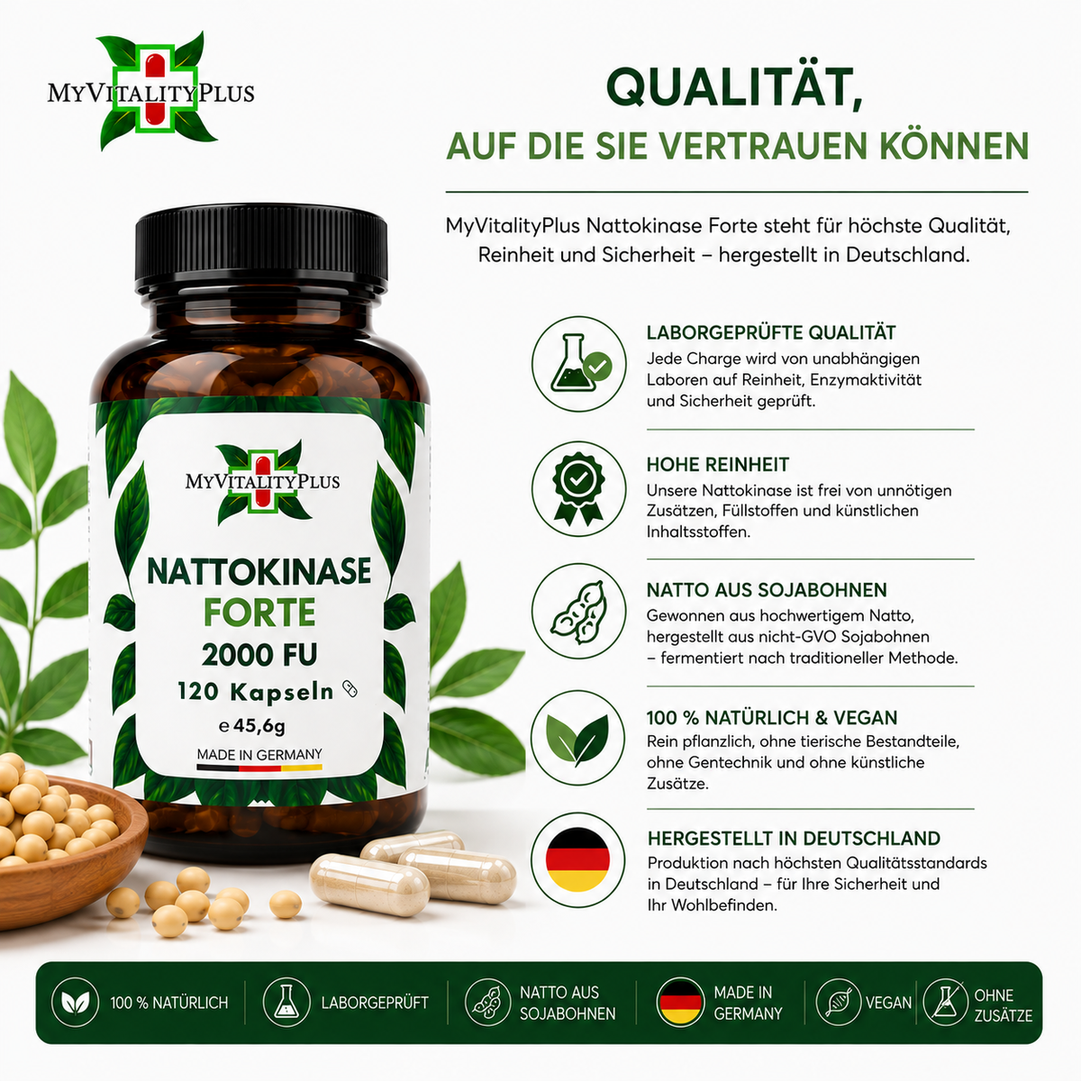 Nattokinase Forte 2.000FU | Enzymaktivität 20.000FU/g | Hochdosiert | 120 Kapseln | Myvitalityplus
