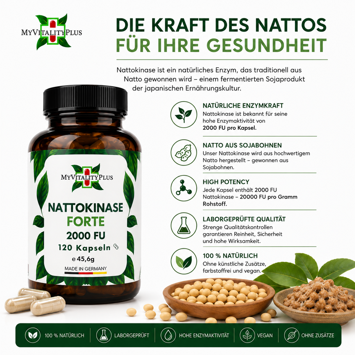 Nattokinase Forte 2.000FU | Enzymaktivität 20.000FU/g | Hochdosiert | 120 Kapseln | Myvitalityplus