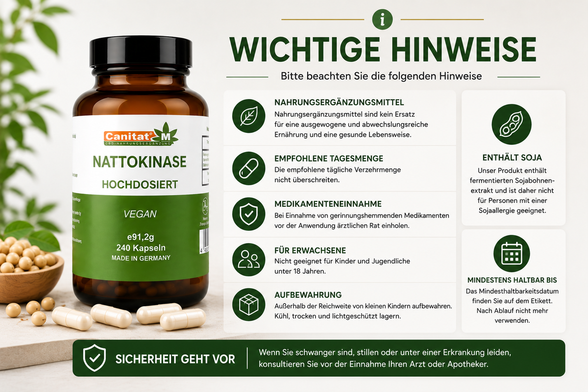 Nattokinase 20.000 FU/g – 2.000 FU pro Kapsel | 240 vegane Kapseln | 8 Monate Vorrat | Canitat® M