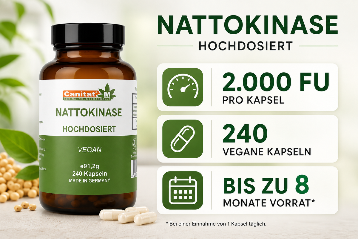 Nattokinase 20.000 FU/g – 2.000 FU pro Kapsel | 240 vegane Kapseln | 8 Monate Vorrat | Canitat® M