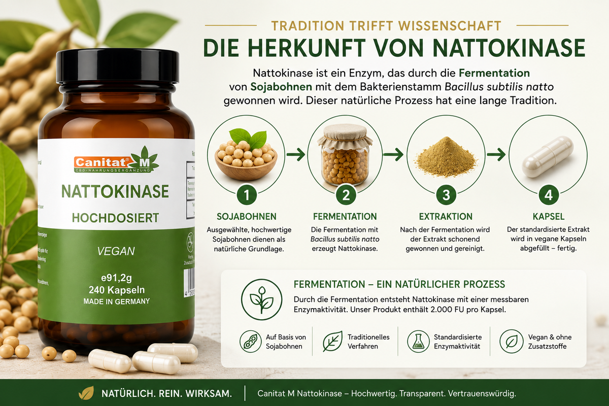 Nattokinase 20.000 FU/g – 2.000 FU pro Kapsel | 240 vegane Kapseln | 8 Monate Vorrat | Canitat® M