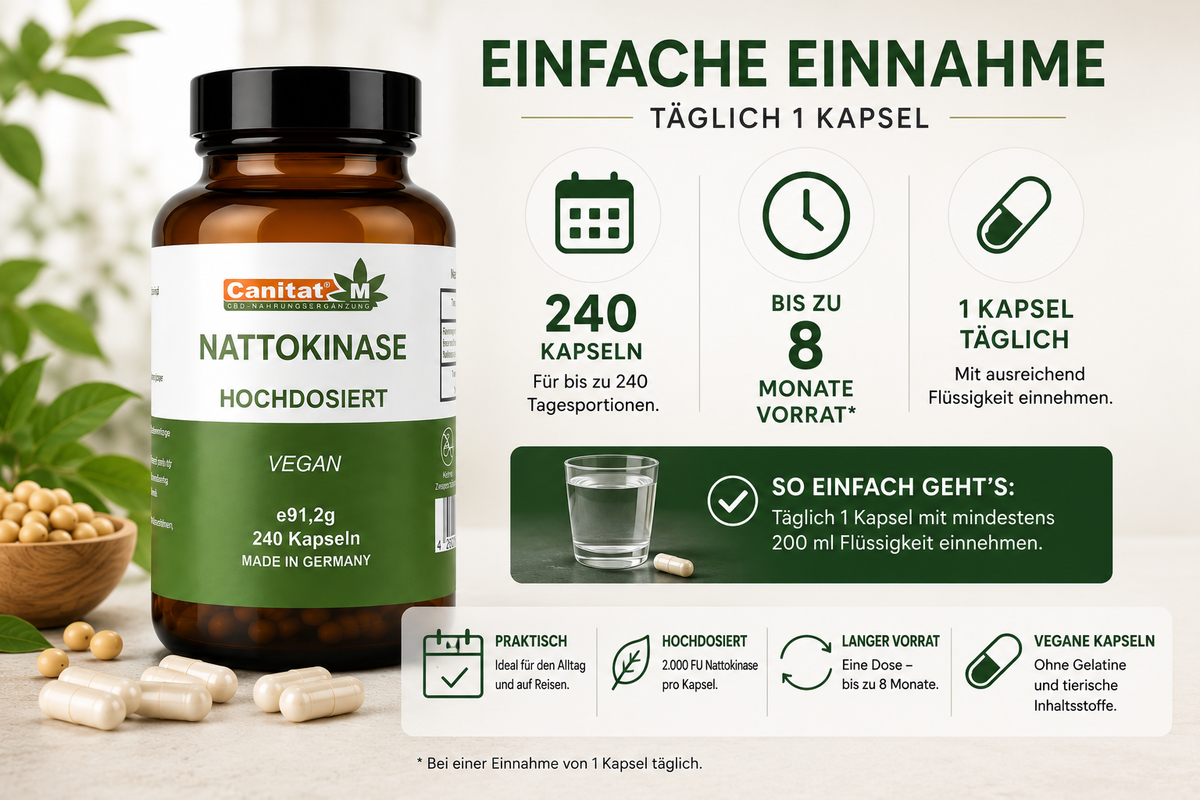 Nattokinase 20.000 FU/g – 2.000 FU pro Kapsel | 240 vegane Kapseln | 8 Monate Vorrat | Canitat® M