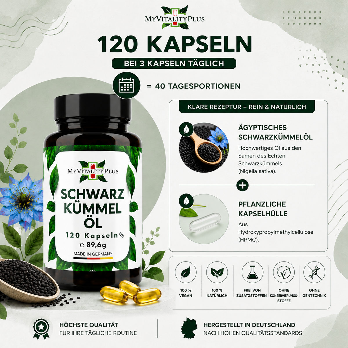 Ägyptisches Schwarzkümmelöl Kapseln | 120 Softgels | 500 mg pro Kapsel | Vegan | MyVitalityPlus