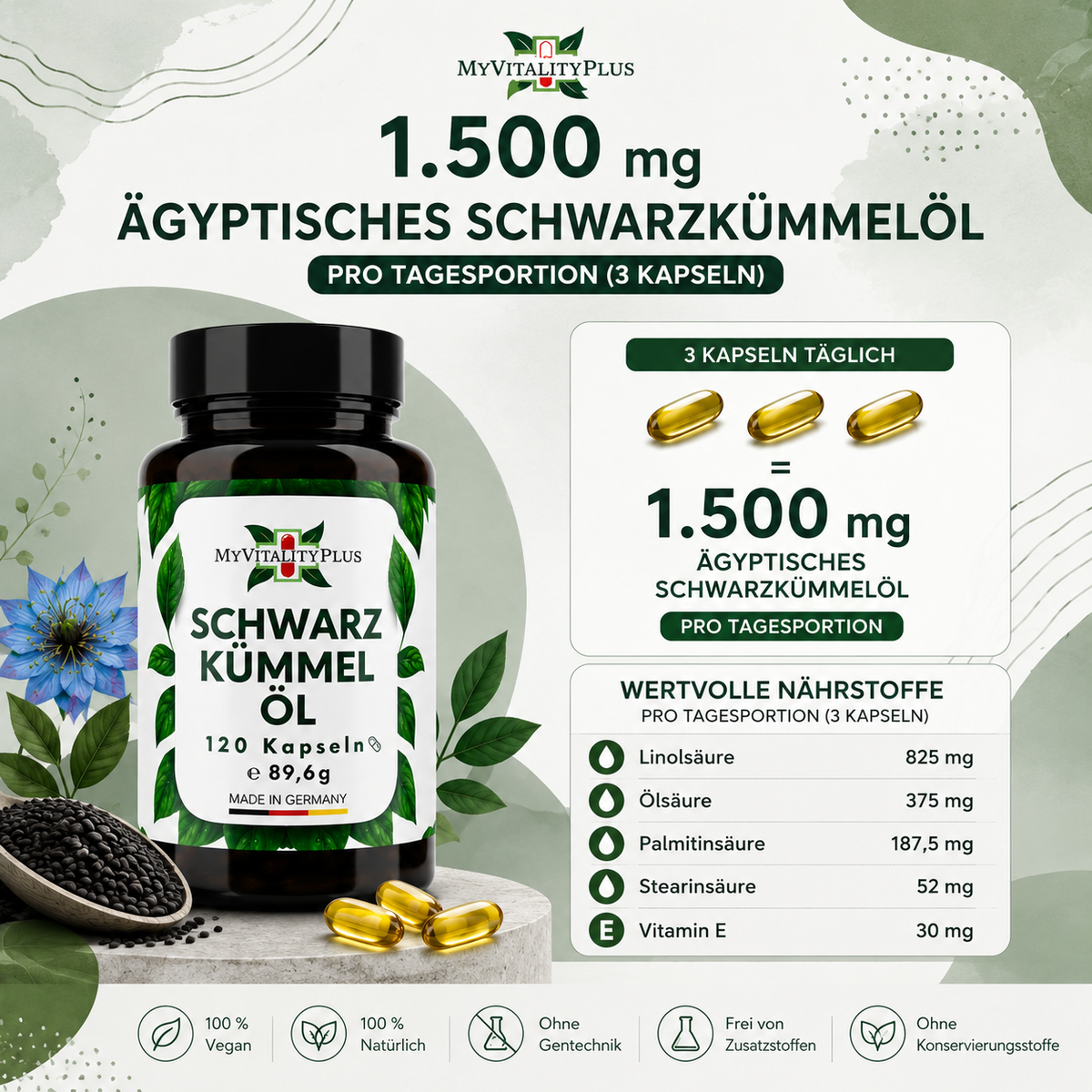 Ägyptisches Schwarzkümmelöl Kapseln | 120 Softgels | 500 mg pro Kapsel | Vegan | MyVitalityPlus