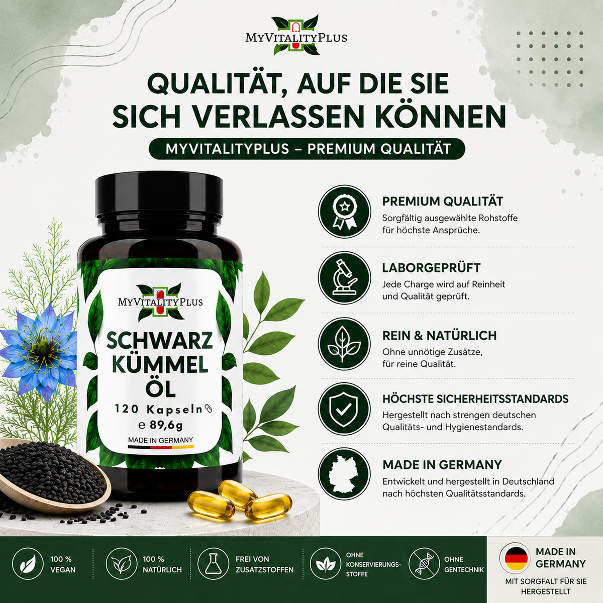 Ägyptisches Schwarzkümmelöl Kapseln | 120 Softgels | 500 mg pro Kapsel | Vegan | MyVitalityPlus