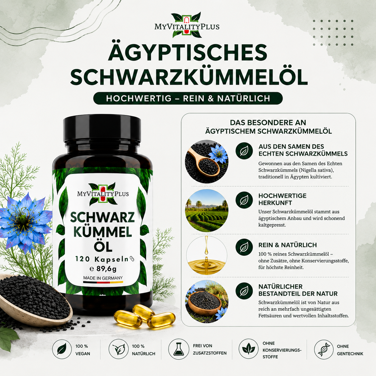 Ägyptisches Schwarzkümmelöl Kapseln | 120 Softgels | 500 mg pro Kapsel | Vegan | MyVitalityPlus