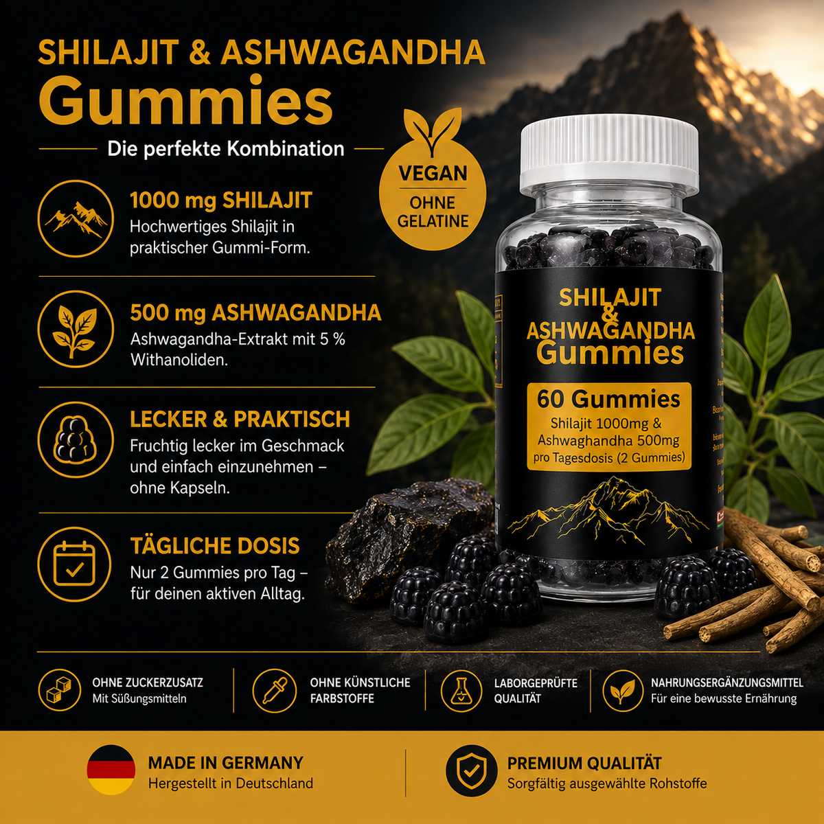 SHILAJIT + ASHWAGANDHA GUMMIES | 1000mg Shilajit + 500mg Ashwagandha Tagesdosis