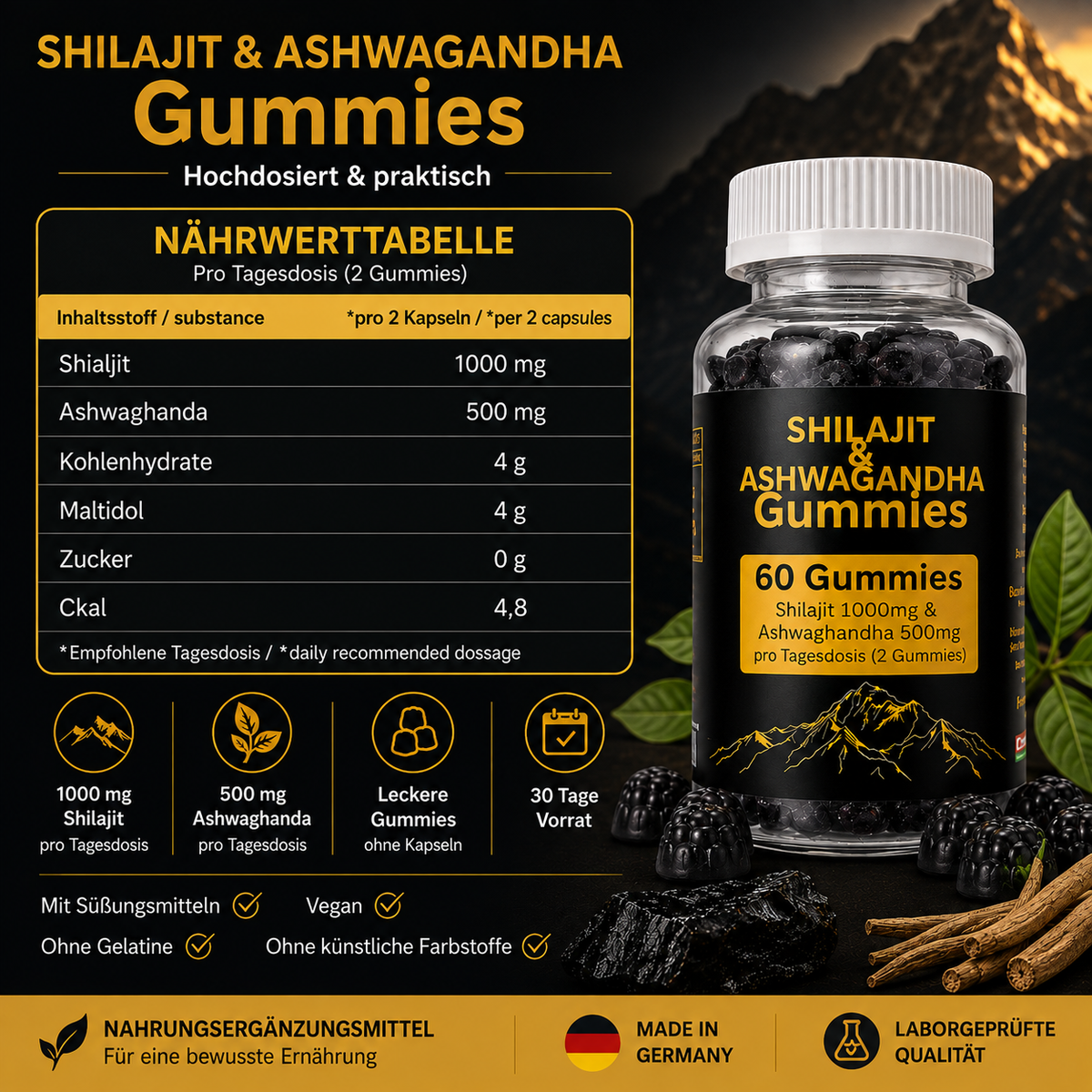 SHILAJIT + ASHWAGANDHA GUMMIES | 1000mg Shilajit + 500mg Ashwagandha Tagesdosis