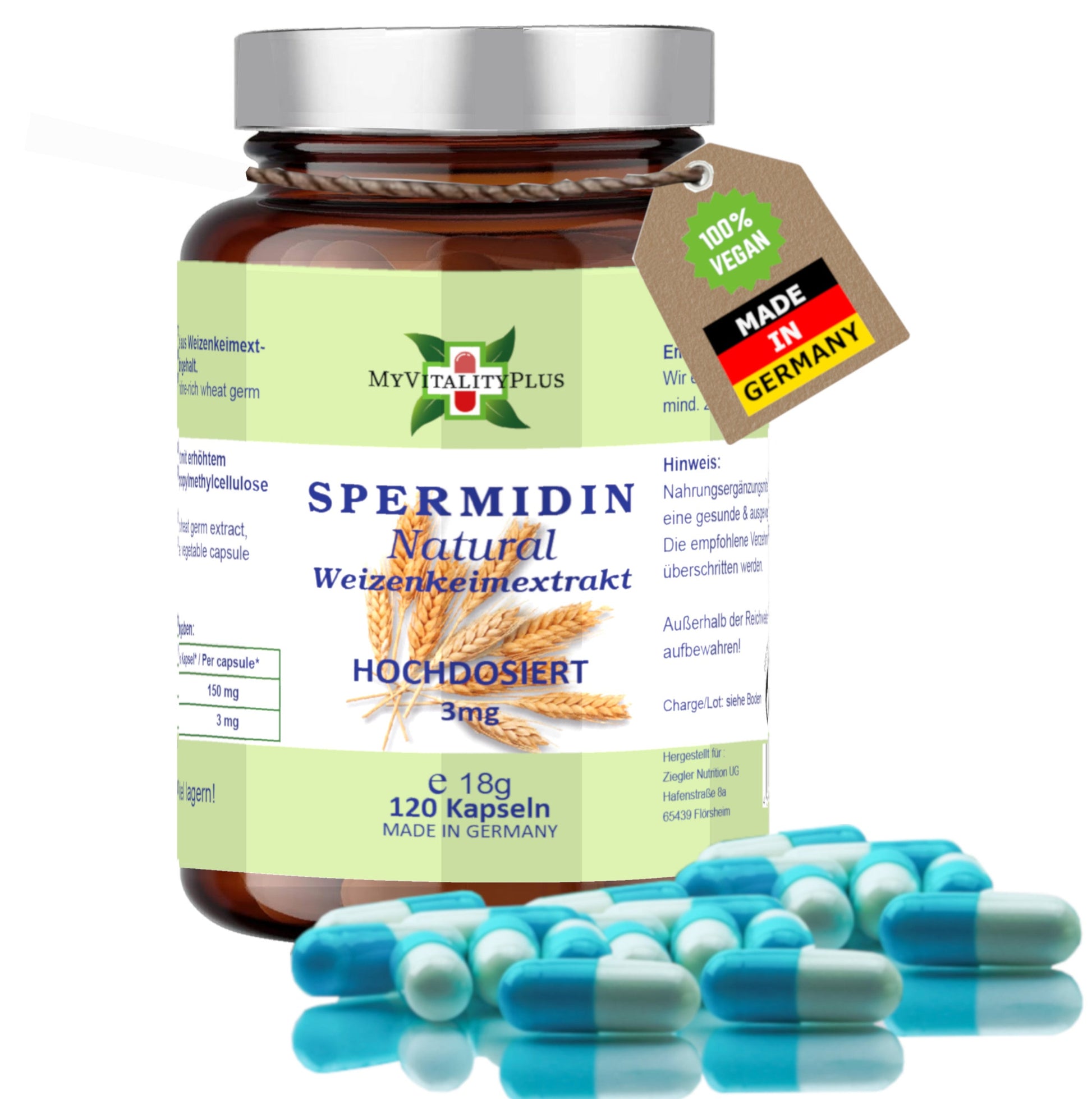 Spermidin Natural 3 mg – 120 vegane Kapseln | Zellschutz & Langlebigkeit |  MyVitalityPlus