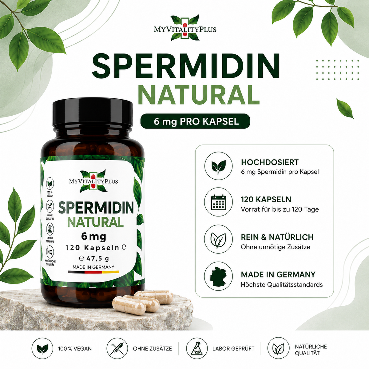 MyVitalityPlus Spermidin Natural – 6 mg Spermidin aus Weizenkeimextrakt – 120 Kapseln