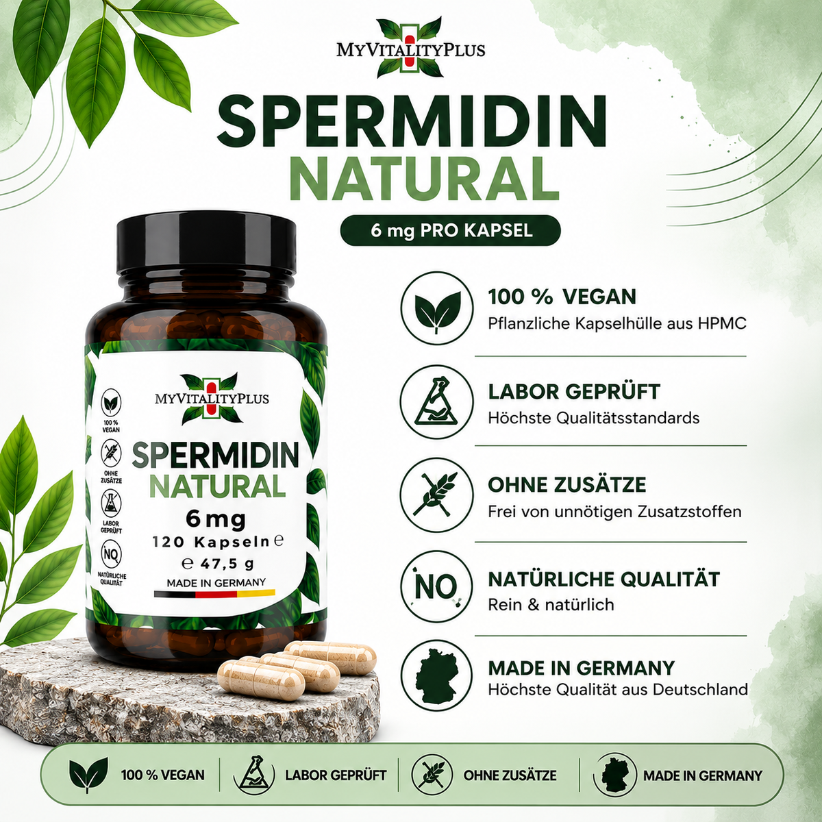 MyVitalityPlus Spermidin Natural – 6 mg Spermidin aus Weizenkeimextrakt – 120 Kapseln