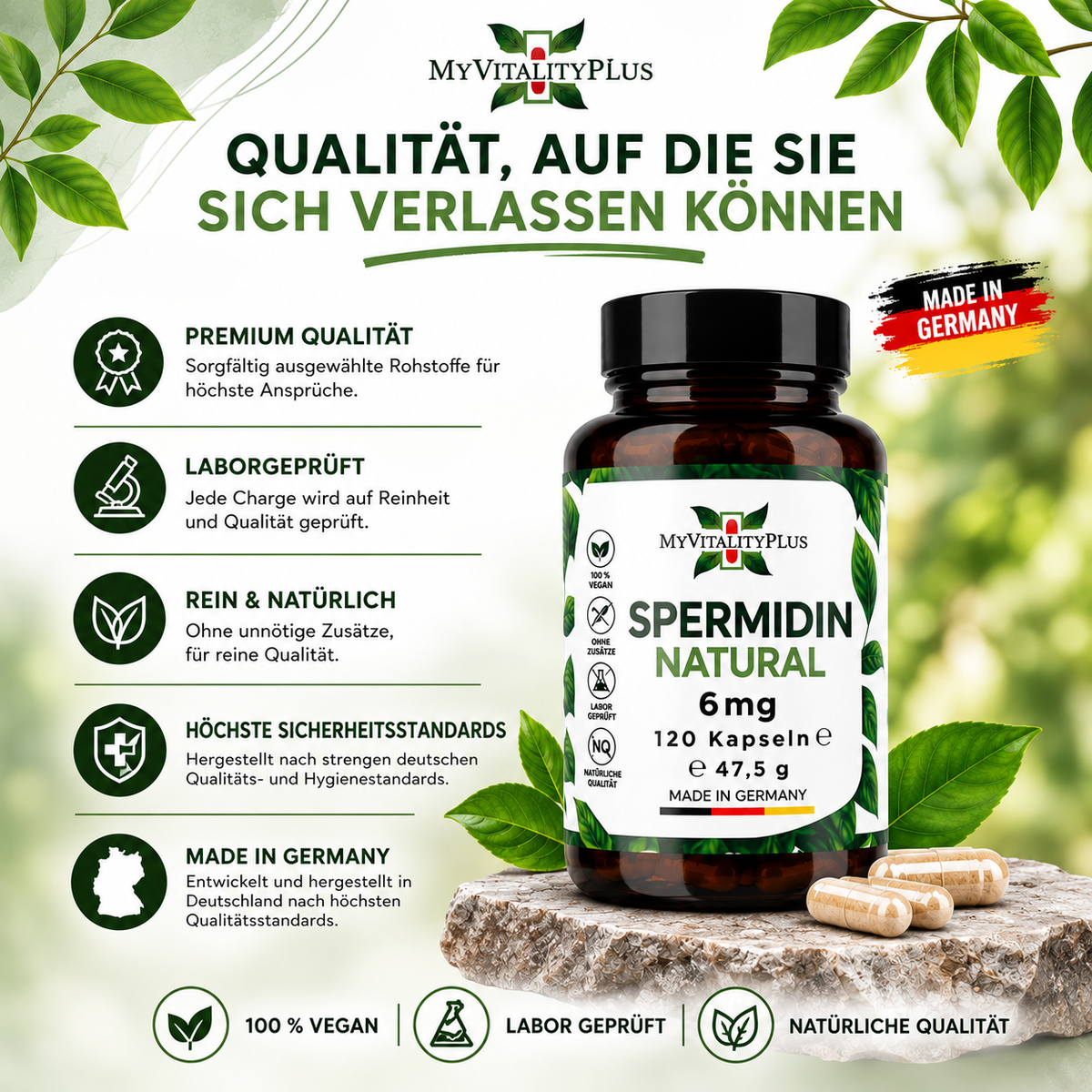 MyVitalityPlus Spermidin Natural – 6 mg Spermidin aus Weizenkeimextrakt – 120 Kapseln